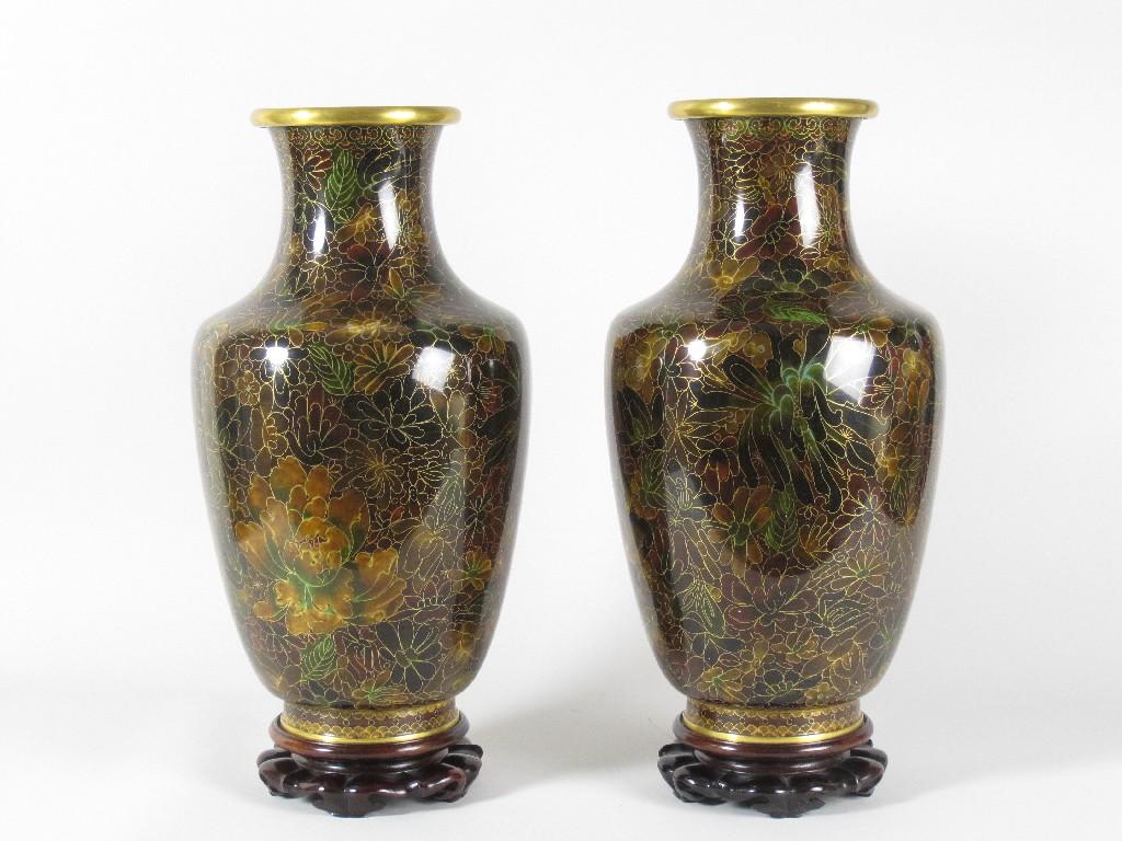 Appraisal: Pair of Cloisonn Vases decorated flowers on brown green ground