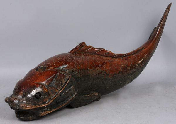 Appraisal: Large carved wood koi l veneer loss Provenance Robert O