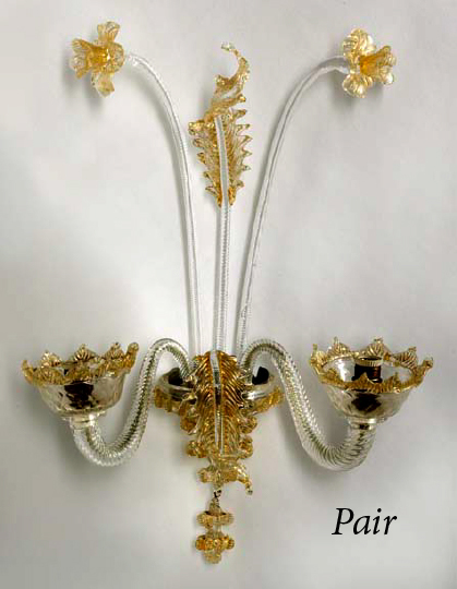 Appraisal: Diminutive Pair of Murano Goldleaf-Inclusion Two-Light Appliques first quarter th