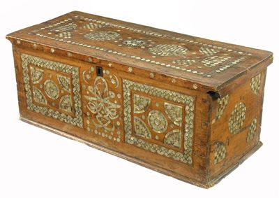 Appraisal: A Turkish walnut chest parquetry decorated mother of pearl horn