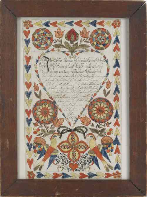 Appraisal: Vibrant German fraktur dated with a central heart with verse