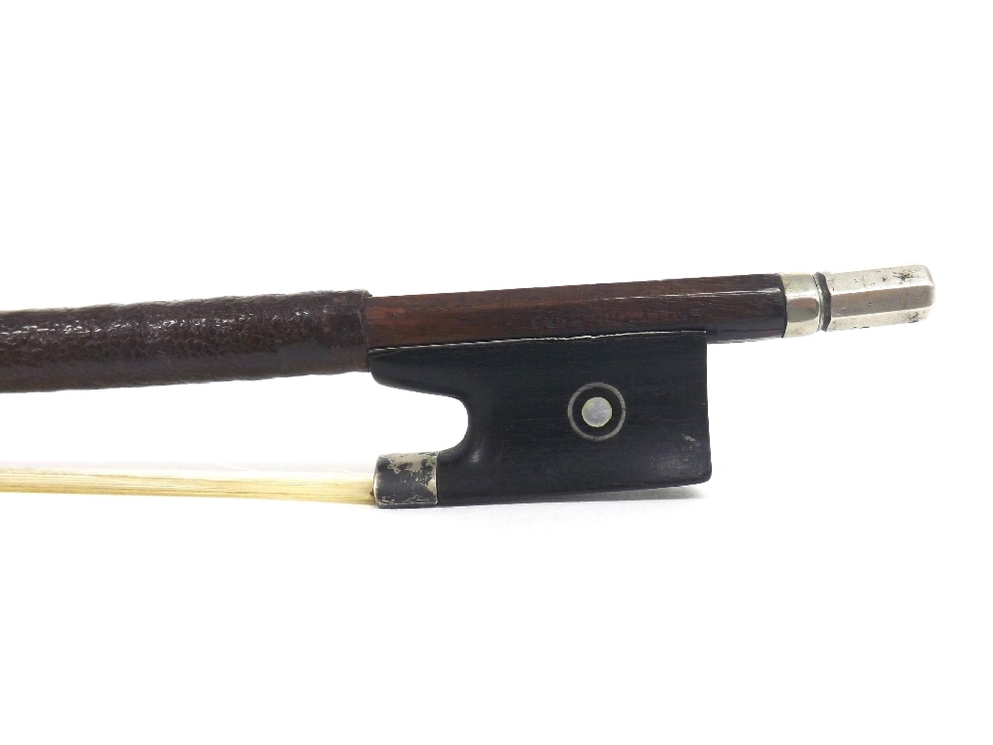 Appraisal: Silver mounted violin bow stamped Emile Ouchard the stick round