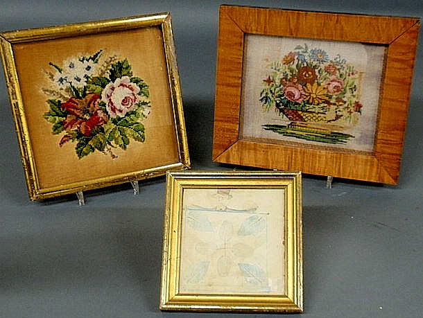 Appraisal: Two framed needlepoint pictures of flowers and a th c