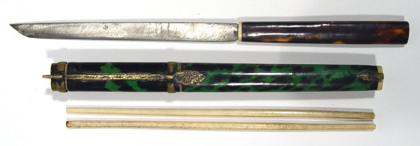 Appraisal: Oriental Green Tortoishell chop stick case inset with two sticks