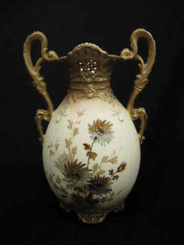 Appraisal: Austria Porcelain Vase fine floral gold reticulated top handled ''