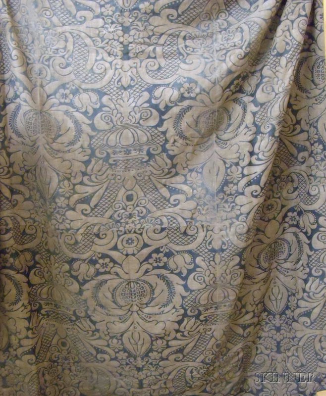 Appraisal: Fortuny-type Blue and Gray Printed Bed Cover with slubbed faux