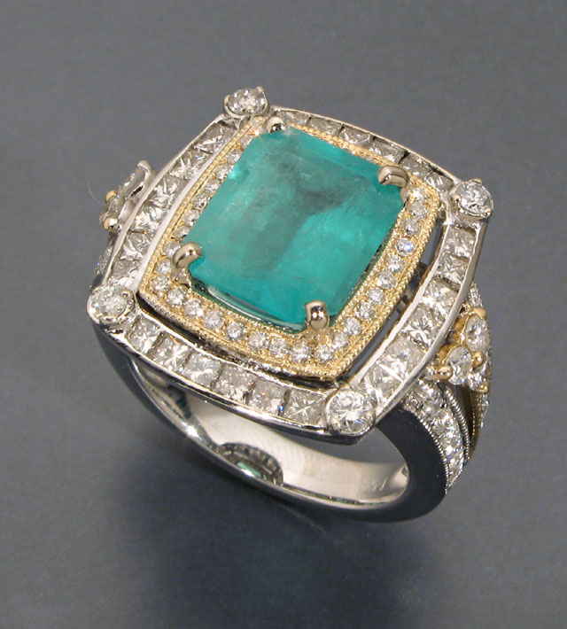 Appraisal: FINE EMERALD DIAMOND AND FOURTEEN KARAT WHITE GOLD COCKTAIL RING