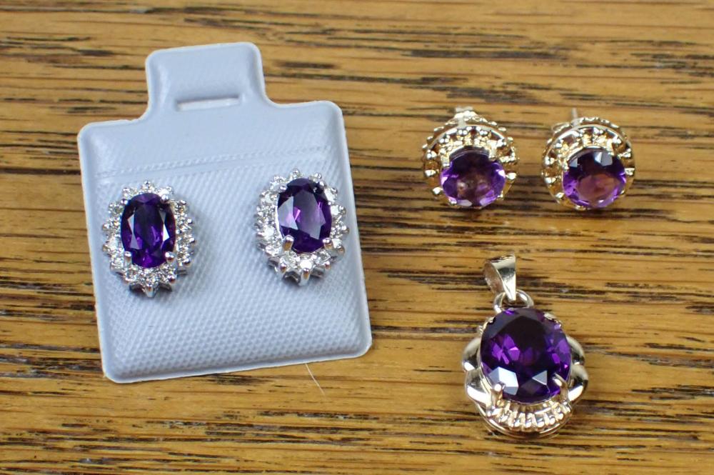 Appraisal: AMETHYST PENDANT AND TWO PAIRS OF EAR STUDS k yellow