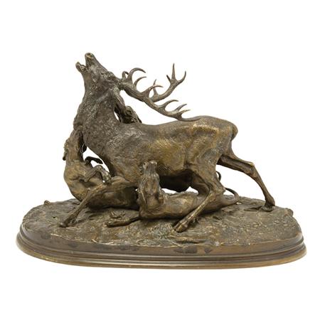 Appraisal: Bronze Group of a Stag Being Attacked by Three Hounds