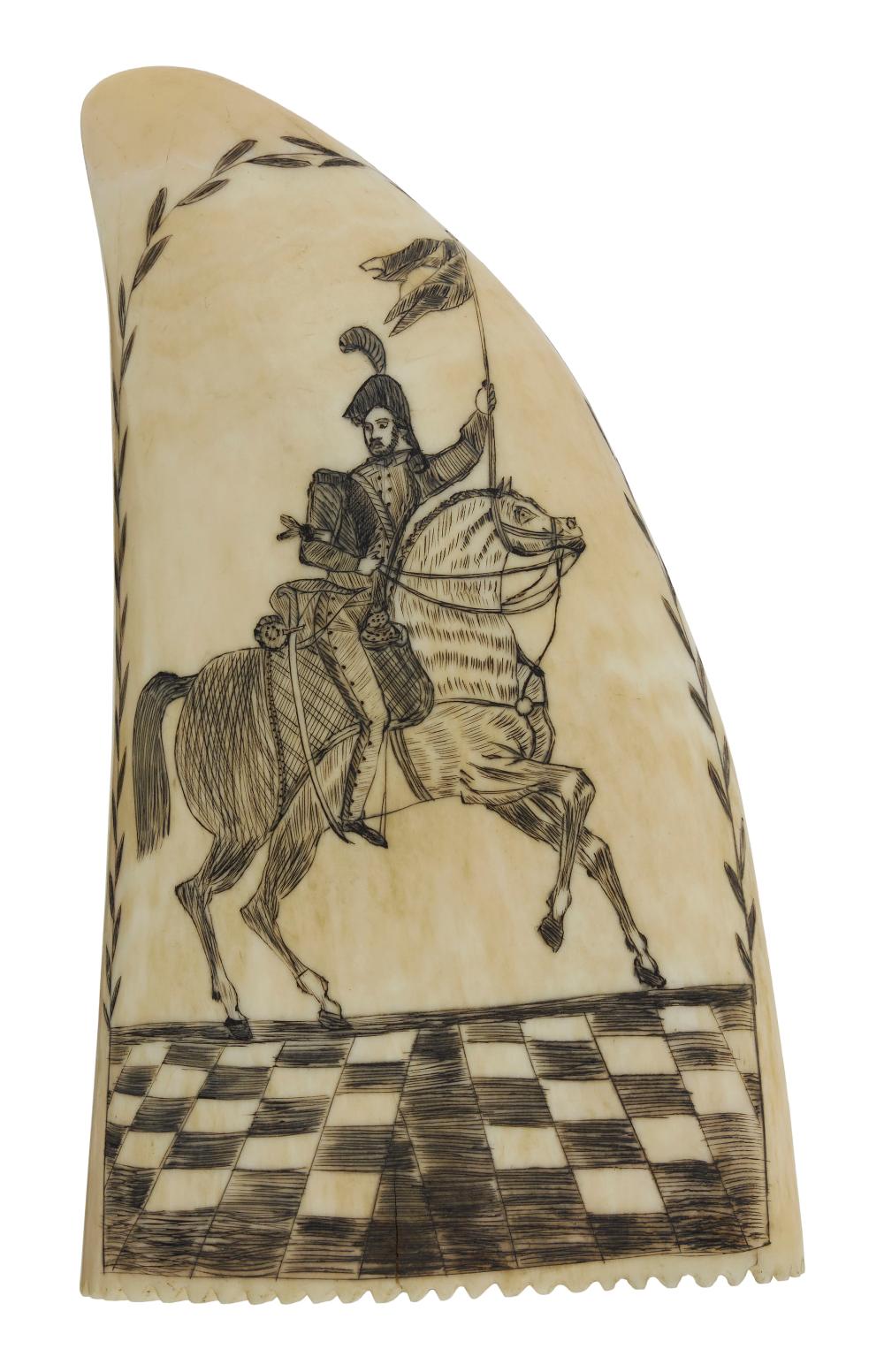 Appraisal: SCRIMSHAW WHALE'S TOOTH WITH HORSE AND RIDER TH CENTURY LENGTH