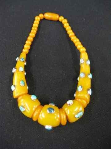 Appraisal: Turquoise Sterling Bakelite Necklace butterscotch beads bezel set stones ''