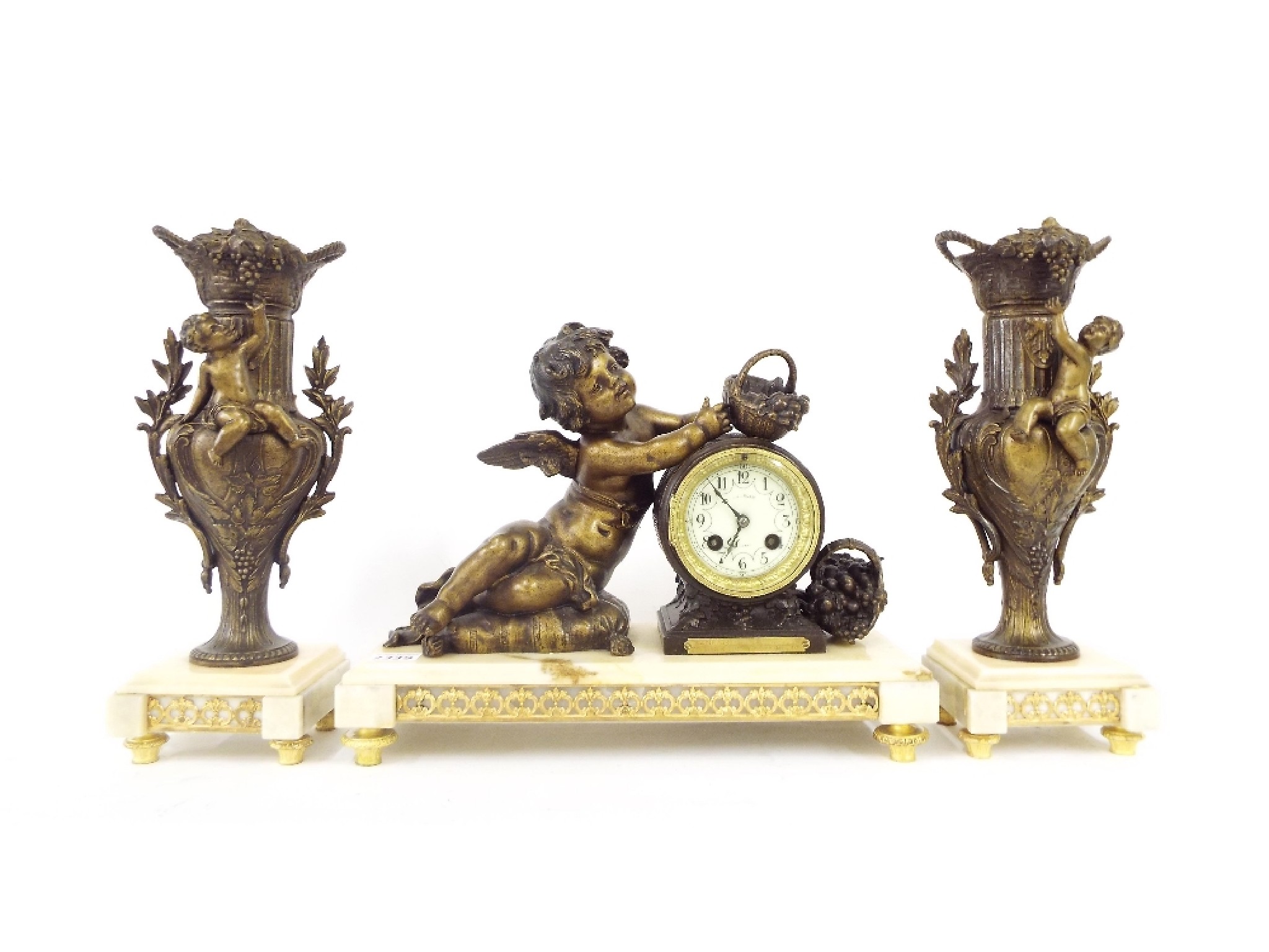 Appraisal: Marble and spelter two train figural mantel clock garniture the