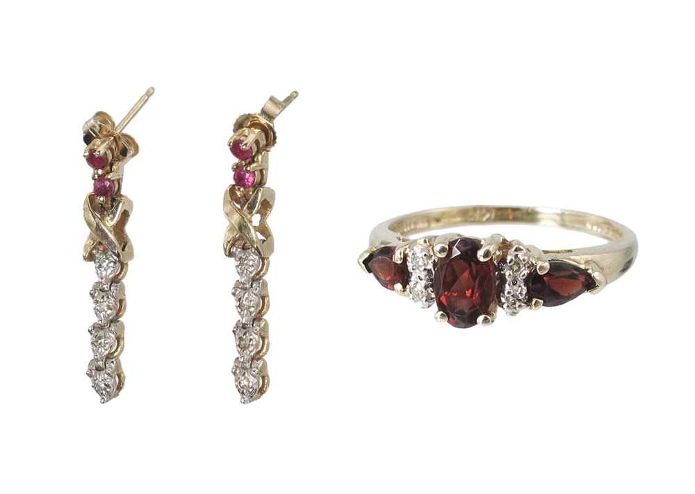 Appraisal: RUBY AND DIAMOND EARRINGS AND GARNET RING K yellow gold