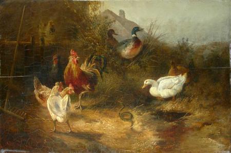 Appraisal: CONTINENTAL SCHOOL A FARMYARD INTRUDER Indistictly signed oil on canvas