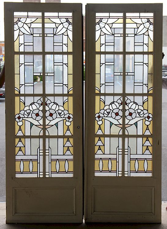 Appraisal: PAIR FRENCH ART DECO STAINED GLASS DOORS A pair of