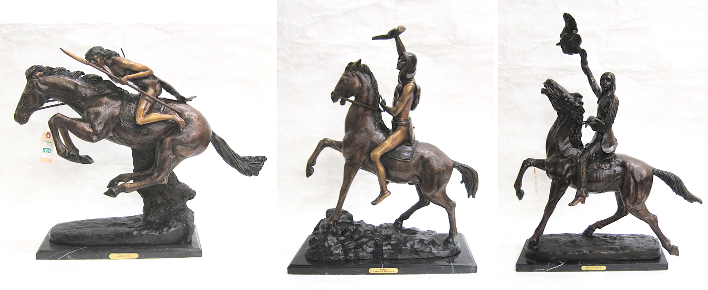 Appraisal: THREE WESTERN BRONZE HORSE AND RIDER SCULPTURES Frederic Remington's Scalp