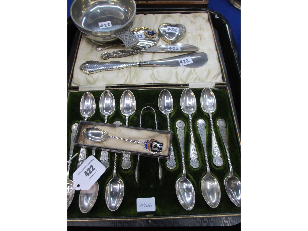 Appraisal: Tray lot of EP - spoon and tong set shoehorn