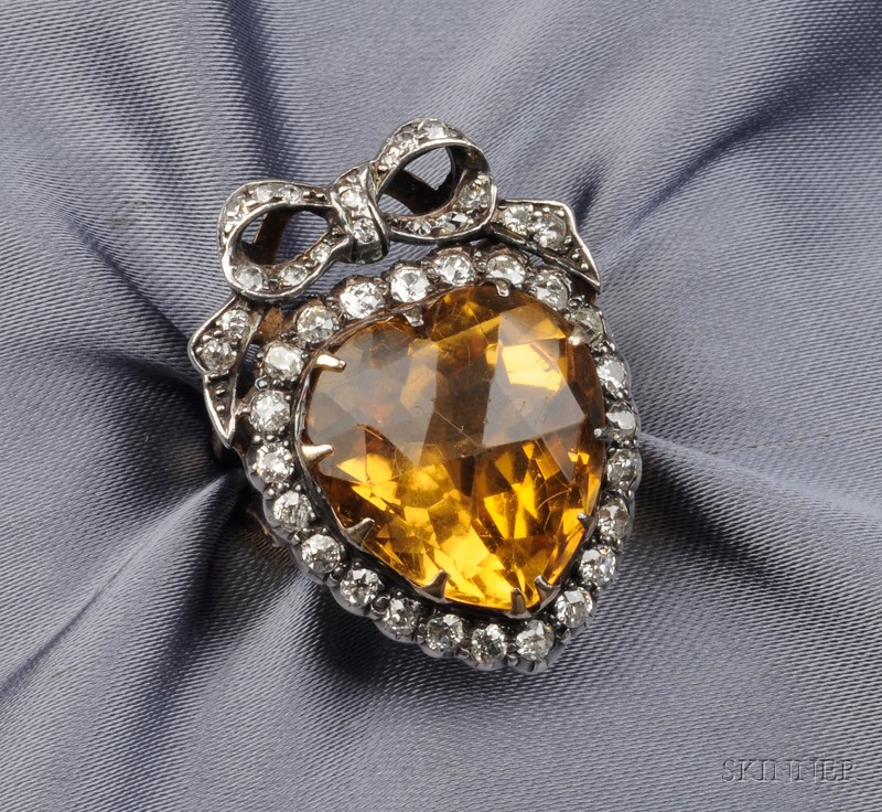 Appraisal: Citrine and Diamond Ring centering a large rose-cut heart-shaped citrine