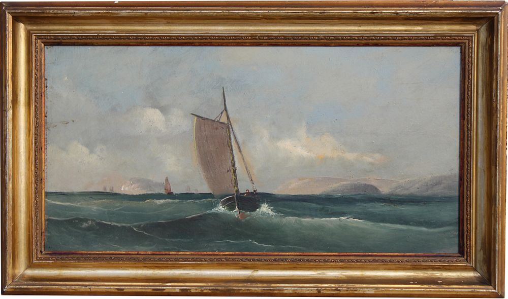 Appraisal: American School Sailboats in Rough Seas Painting American School Sailboats