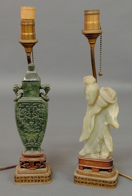 Appraisal: Carved green jade table lamp figure h and a soapstone