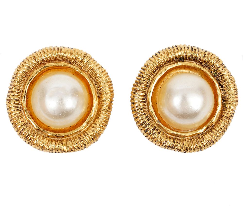 Appraisal: Chanel Faux Mabe Pearl Earrings Gold Tone 's Chanel Faux