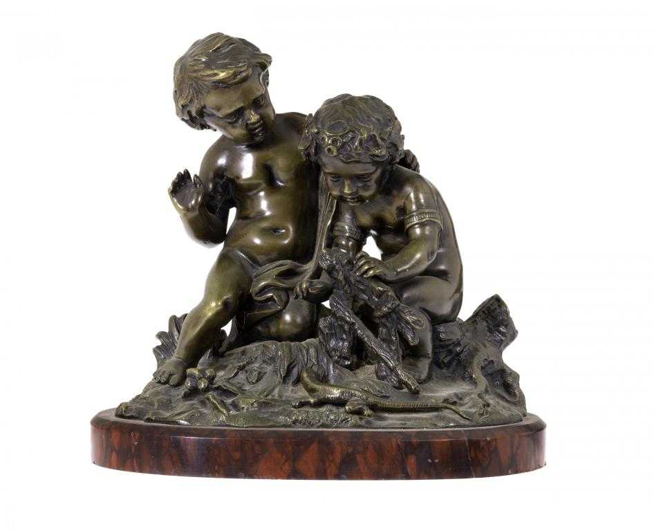 Appraisal: A FRENCH BRONZE GROUP OF TWO CHILDREN WITH A LIZARD