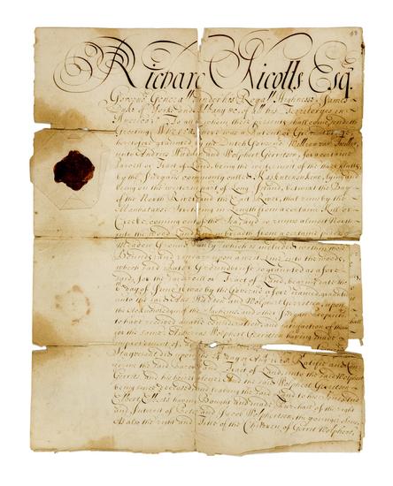 Appraisal: NICOLLS Richard - Manuscript document signed affirming that Couwenhoven's land