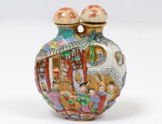 Appraisal: MOLDED PORCELAIN DOUBLE SNUFF BOTTLE Chinese Stoppers signed Molded with