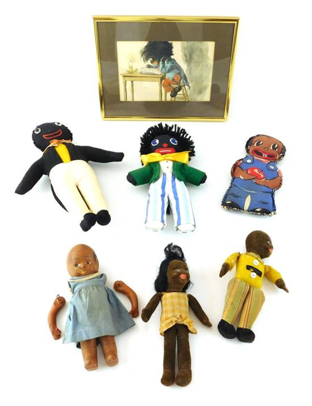 Appraisal: BLACK AMERICANA Six dolls and a framed print th C