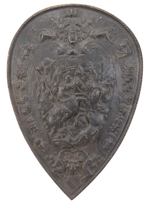 Appraisal: FINE CAST IRON SHIELD Teardrop shaped having relief decoration of