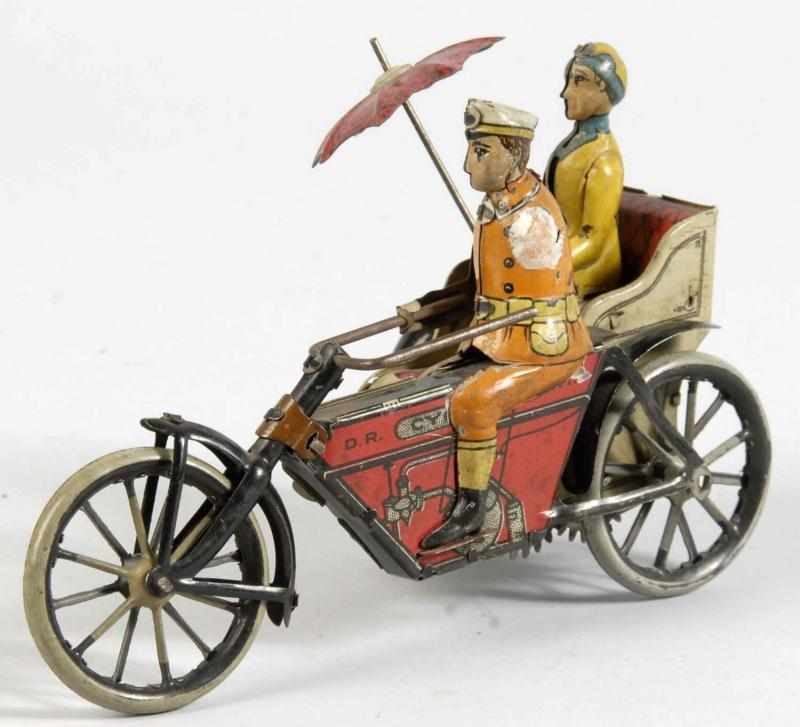 Appraisal: Tin Litho Motorcycle with Sidecar Wind-Up Toy Description German Circa