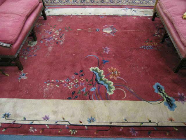 Appraisal: Chinese Nichols Room Size Handmade Rug Art Deco floral lantern