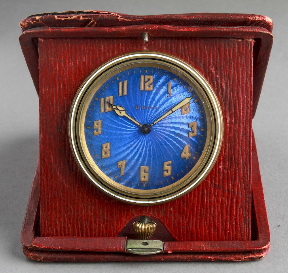 Appraisal: Swiss Guilloche Enamel -Day Travel Clock Swiss eight-day travel clock