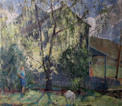 Appraisal: WILLIAM GOODELL GARDEN SCENE WITH FIGURE Signed oil on canvas