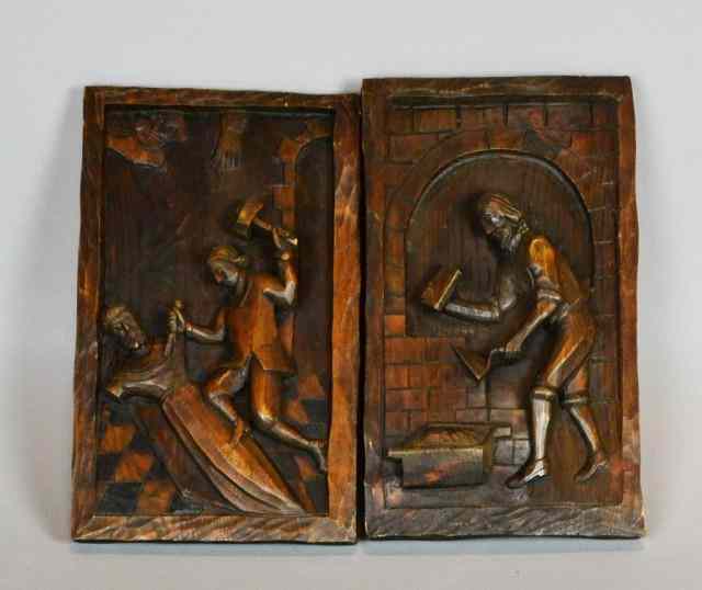 Appraisal: CARVED ECCLIASTICAL WOODEN PLAQUESTwo hand-carved plaques each '' X ''