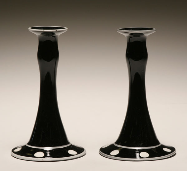 Appraisal: Pair of black Diamond Glass decorated candlesticks