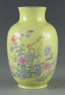 Appraisal: Chinese Porcelain Vase Chrysanthemum Decoration Chinese Famille Rose vase yellow-green