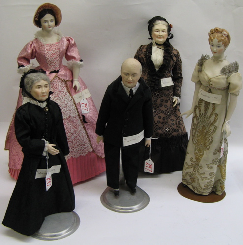 Appraisal: FIVE PAINTED PARIAN HEAD CHARACTER DOLLS Edwardian Lady in Winston