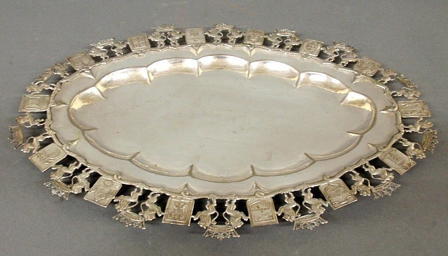 Appraisal: - Continental silverplate serving platter with various armorial crests and