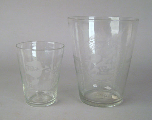 Appraisal: Two blown colorless flip glasses early th c with etched