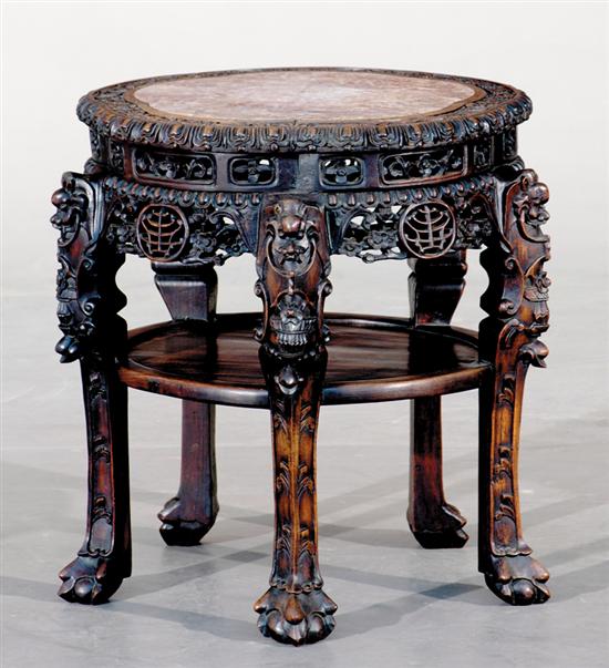 Appraisal: Chinese carved hardwood and marbletop plant stand circa scalloped surround