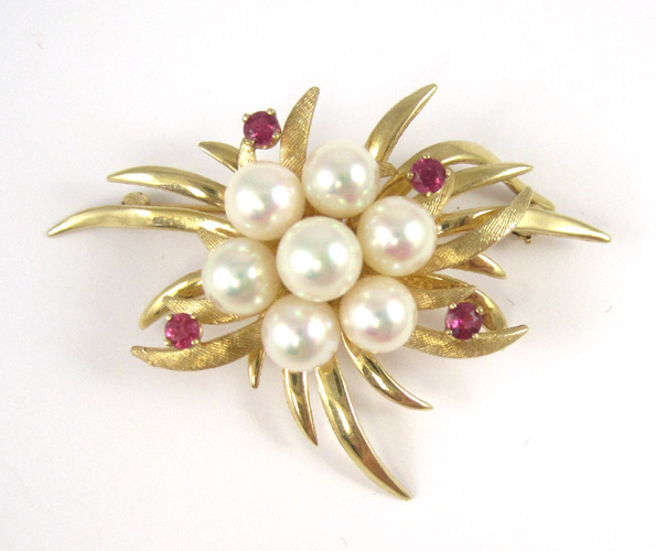 Appraisal: RUBY PEARL AND FOURTEEN KARAT GOLD BROOCH with four round-cut