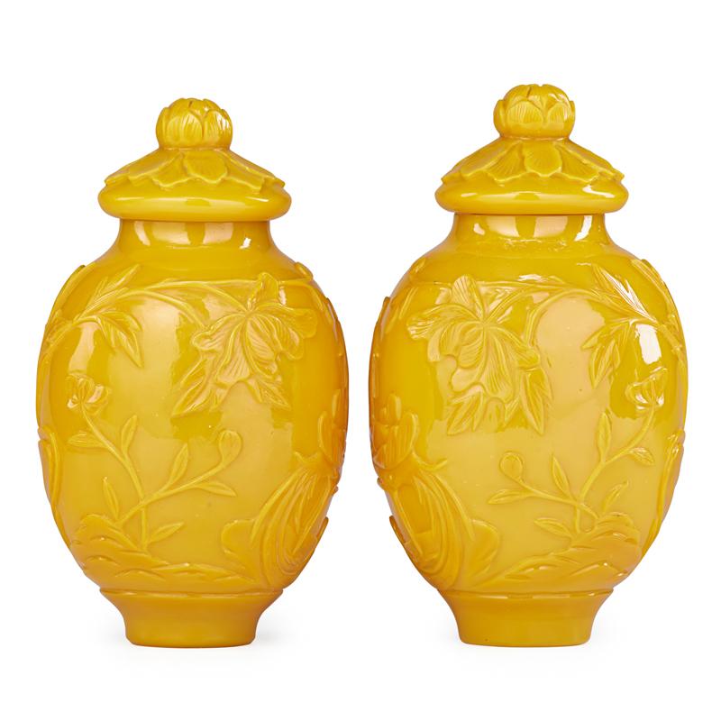 Appraisal: PAIR OF CHINESE PEKING GLASS COVERED JARS Condition Report