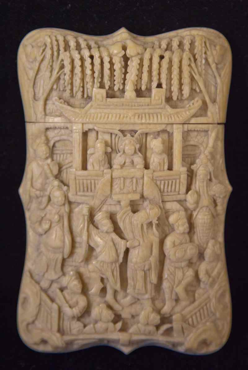 Appraisal: CHINESE EXPORT IVORY CARD CASE circa of shield shape heavily