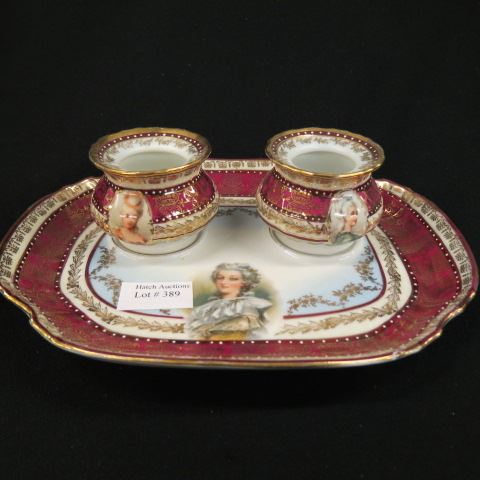 Appraisal: Prussia Porcelain Inkstand portraits of famous ladies double well