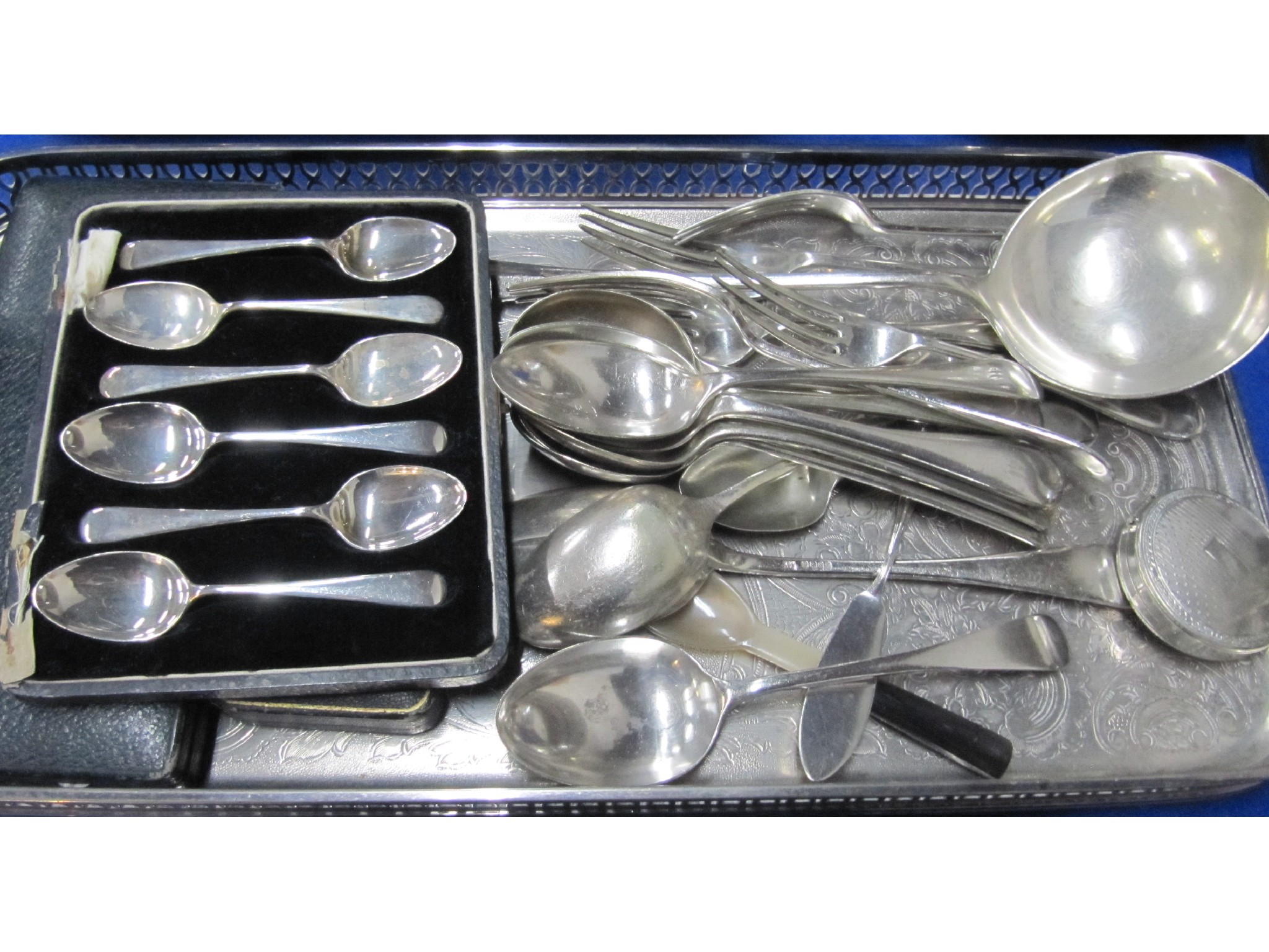 Appraisal: A lot comprising cased silver spoons loose cutlery serving tray