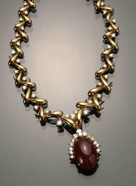 Appraisal: Tested -Karat Yellow-Gold Rubellite Tourmaline and Diamond Enhancer and Necklace