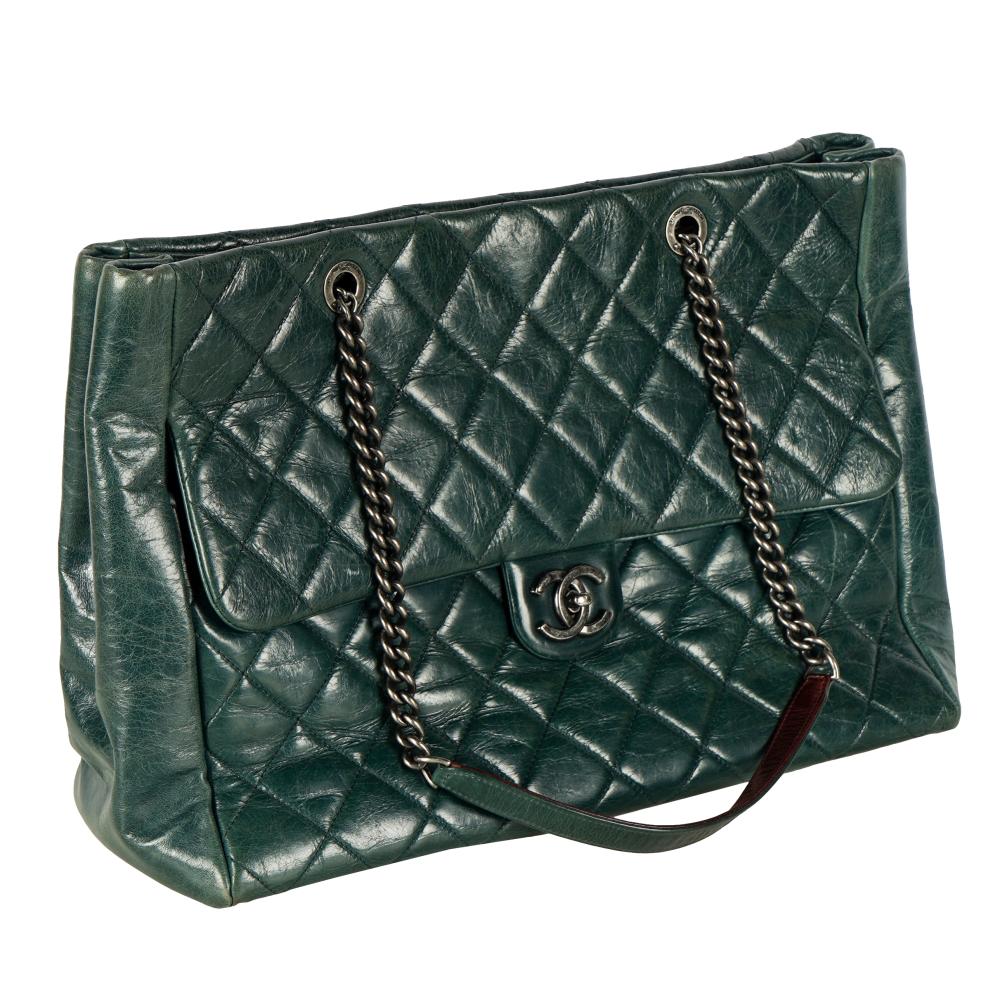 Appraisal: CHANEL QUILTED GREEN LEATHER HANDBAGserial with two chain handles two