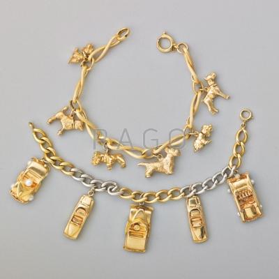 Appraisal: TWO GOLD OR PLATINUM FIGURAL CHARM BRACELETS k gold and