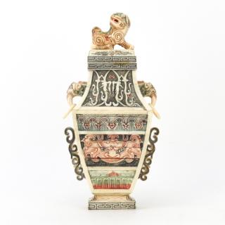 Appraisal: Chinese Carved Bone Polychrome Covered Urn Chinese Carved Bone Polychrome